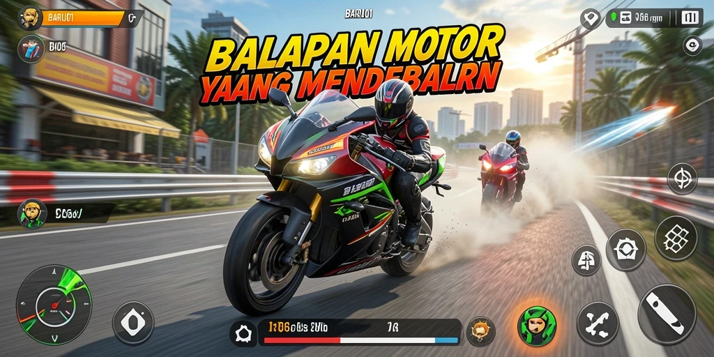 Menampilkan gameplay intens dalam balapan motor.