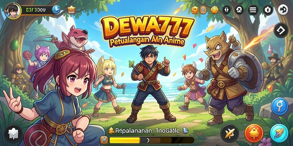 Screenshot utama DEWA777 menampilkan aksi karakter anime yang memukau dan dinamis.