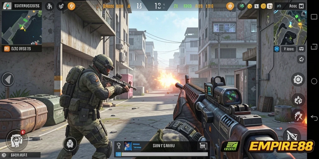 Screenshot gameplay <strong>EMPIRE88</strong> yang menunjukkan aksi tembak-menembak seru dalam pertarungan FPS.