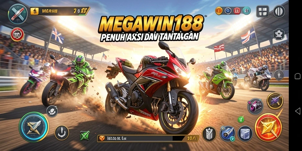 Tampilan gameplay seru dalam MEGAWIN188 saat balapan motor.