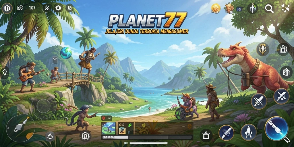 Screenshot gameplay PLANET77 yang menampilkan dunia terbuka dan eksplorasi.