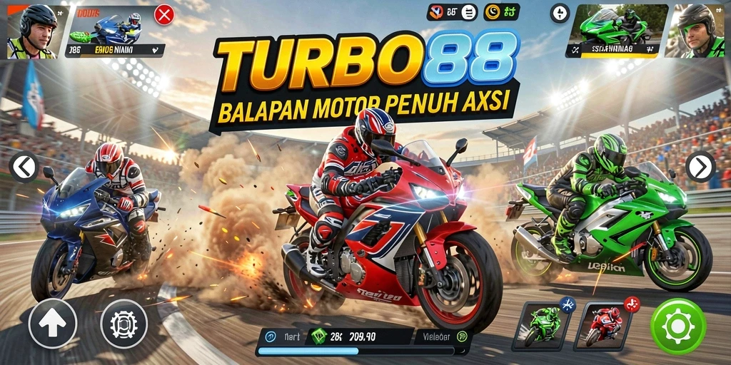 Tampilan gameplay <strong>TURBO88</strong> saat balapan motor yang penuh aksi.